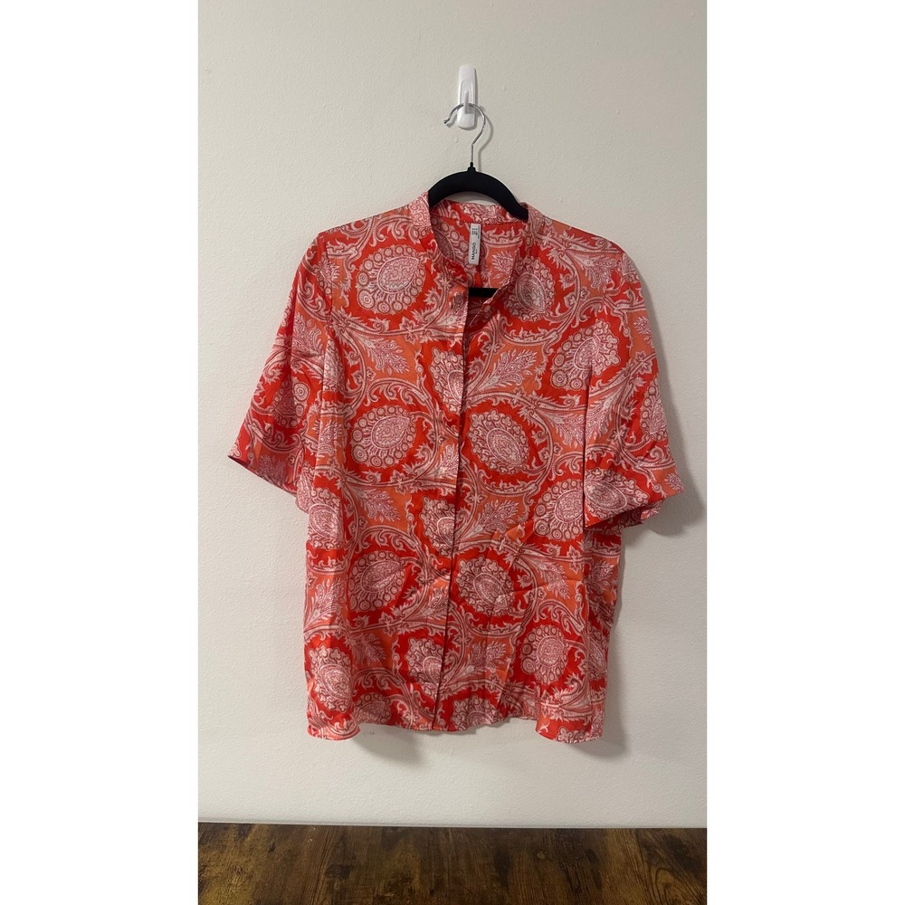 Mango Suit Orange Red Paisley Medallion Button Down Short Sleeve Shirt Size 6 M